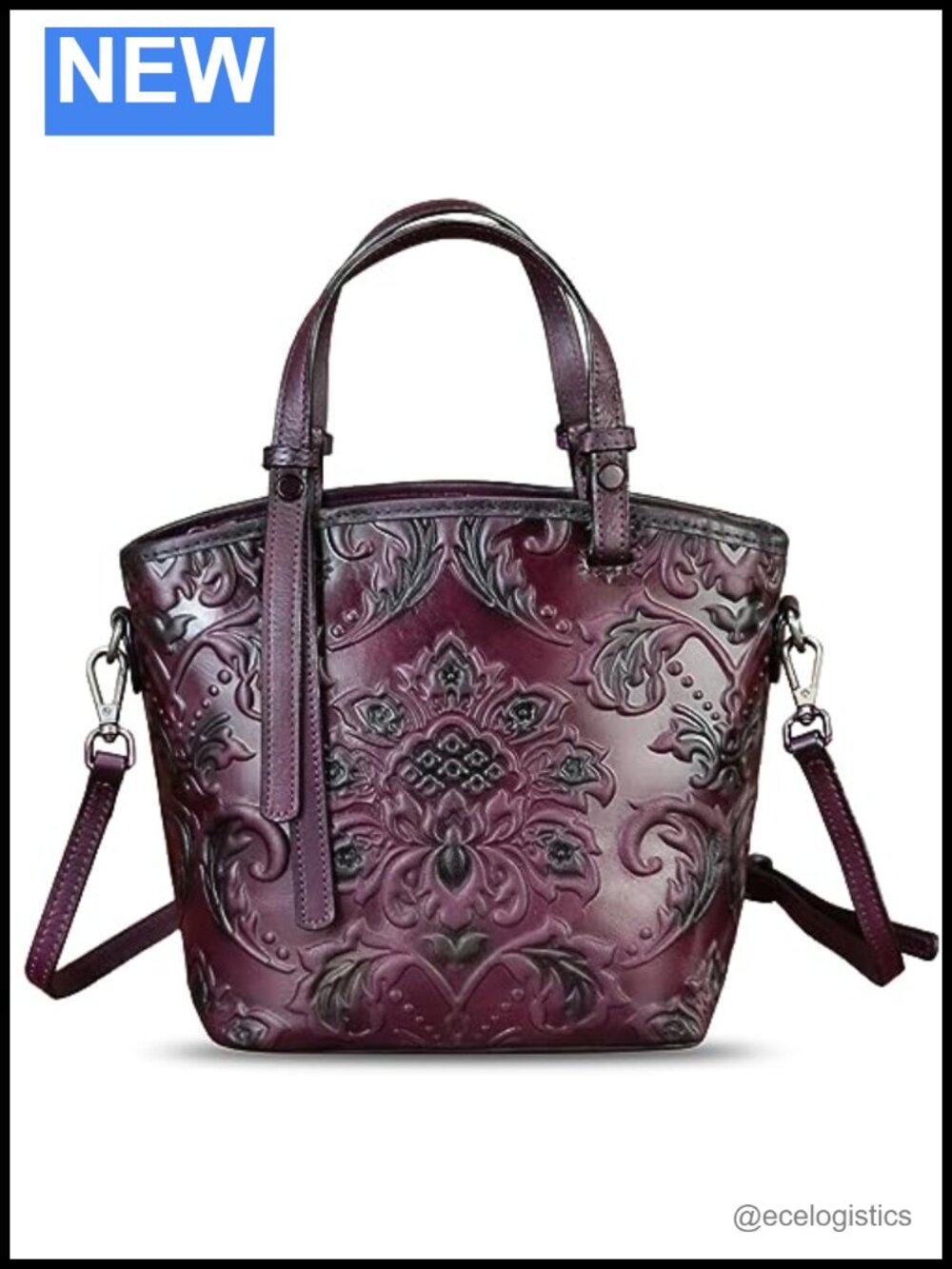 Genuine Leather Satchel Handbag with Embossed Pattern, 3-in-1 Wear, Handmade - Picture 5 of 6